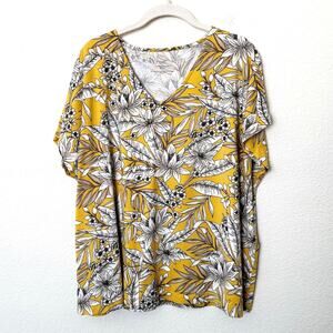 [J. Jill] Yellow Floral Luxe Supima V-Neck Easy Tee Short Sleeve T-Shirt Size XL